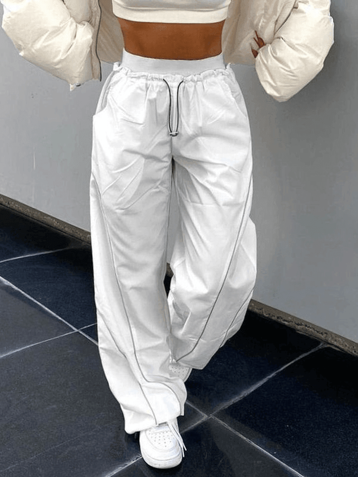 WHITE DRAWSTRING TRACK PANTS - TRENDY CASUAL PANTS
