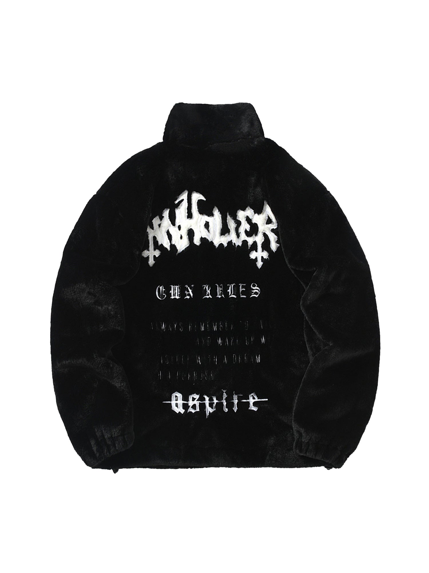 WHITE FLEECE JACKET WITH BLACK LOGO LONG SLEEVE STAND COLLAR IMITATION LAMB WOOL