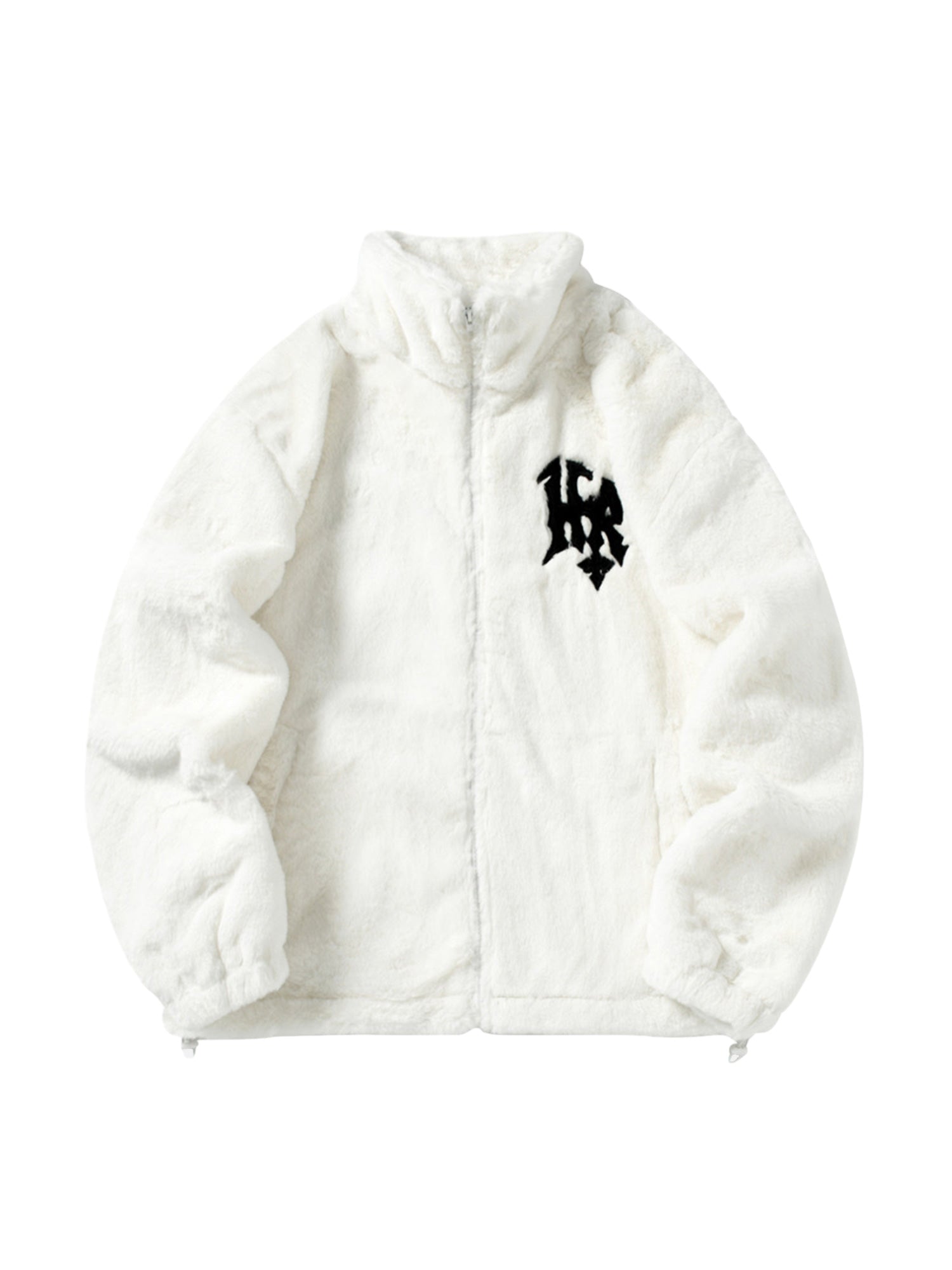 WHITE FLEECE JACKET WITH BLACK LOGO LONG SLEEVE STAND COLLAR IMITATION LAMB WOOL