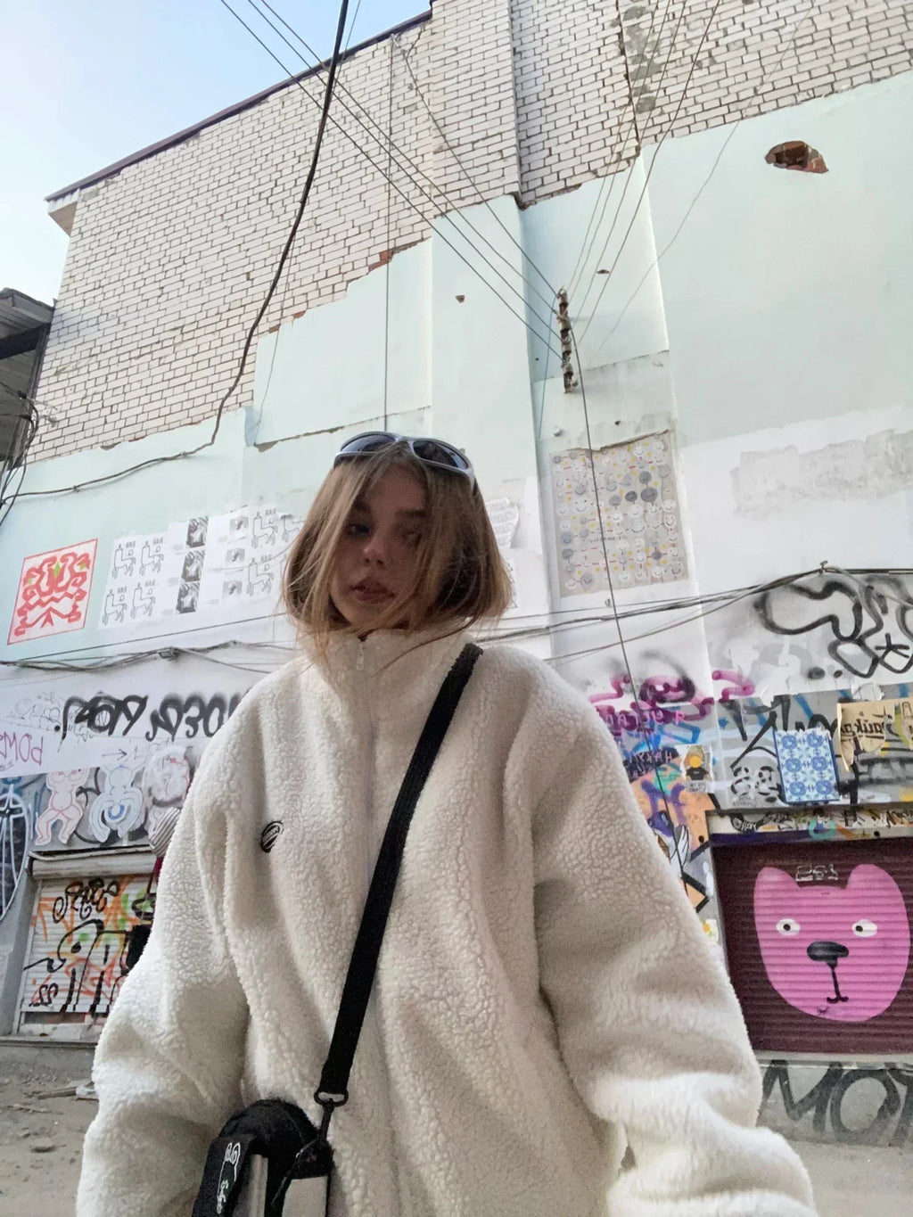 WHITE FLEECE ZIP-UP JACKET VESTE LAMSWOOL PROGRESS