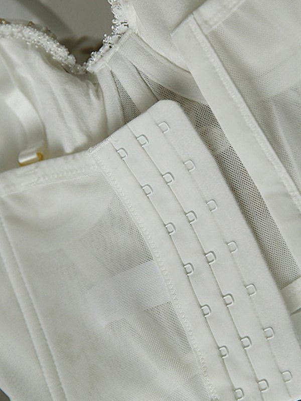 WHITE FLORAL EMBROIDERED BUSTIER TOP WITH REMOVABLE PADDED CUPS