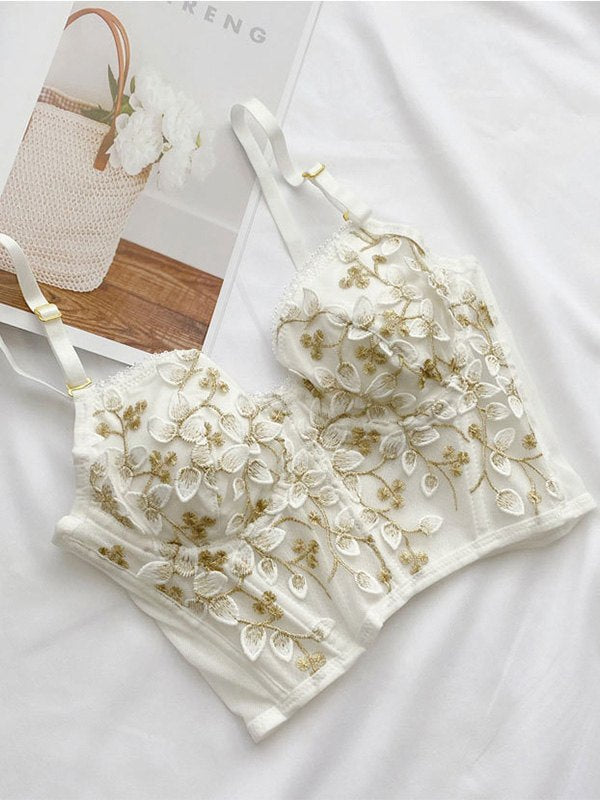 WHITE FLORAL EMBROIDERED BUSTIER TOP WITH REMOVABLE PADDED CUPS