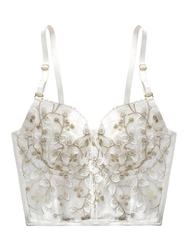 WHITE FLORAL EMBROIDERED BUSTIER TOP WITH REMOVABLE PADDED CUPS