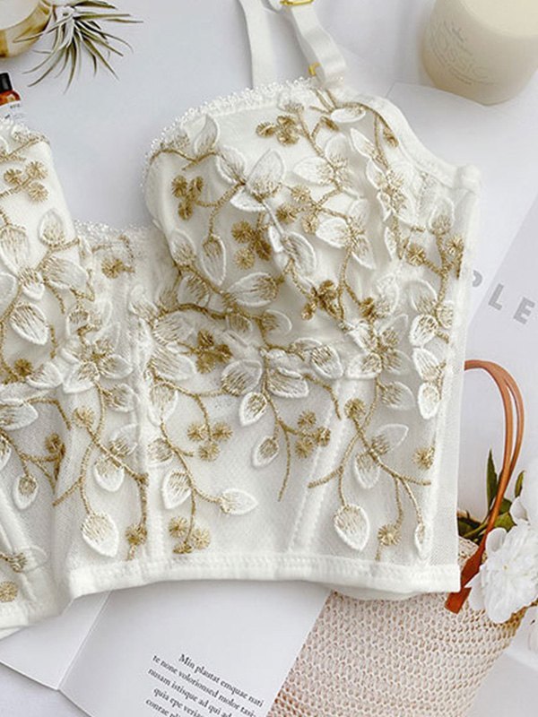 WHITE FLORAL EMBROIDERED BUSTIER TOP WITH REMOVABLE PADDED CUPS
