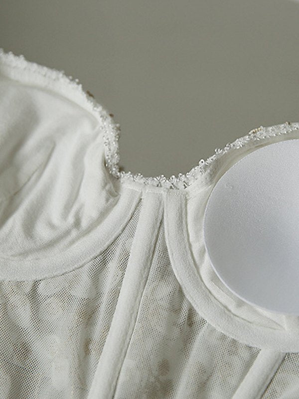 WHITE FLORAL EMBROIDERED BUSTIER TOP WITH REMOVABLE PADDED CUPS