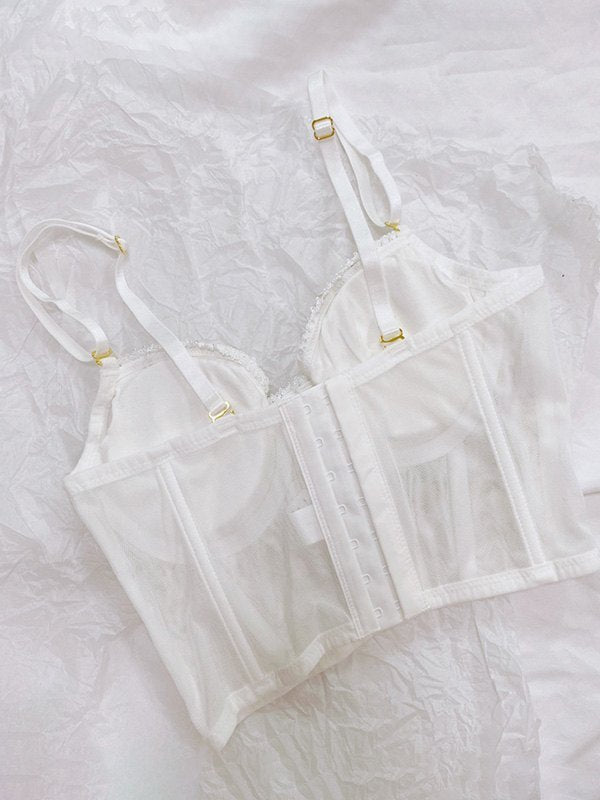 WHITE FLORAL EMBROIDERED BUSTIER TOP WITH REMOVABLE PADDED CUPS