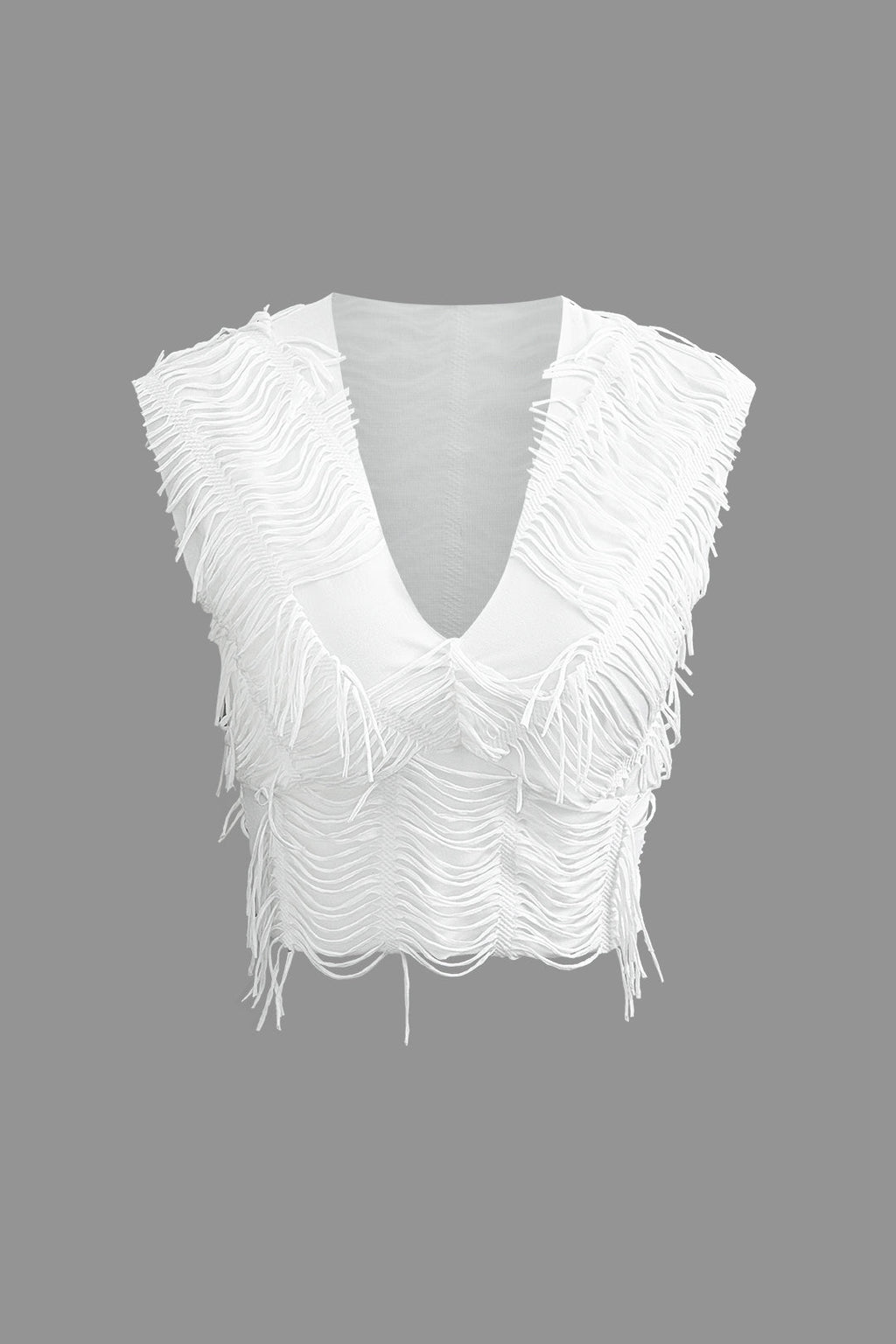 WHITE FRINGED TWO-PIECE OUTFIT HOLIDAY SET WITH STRETCHY FABRIC