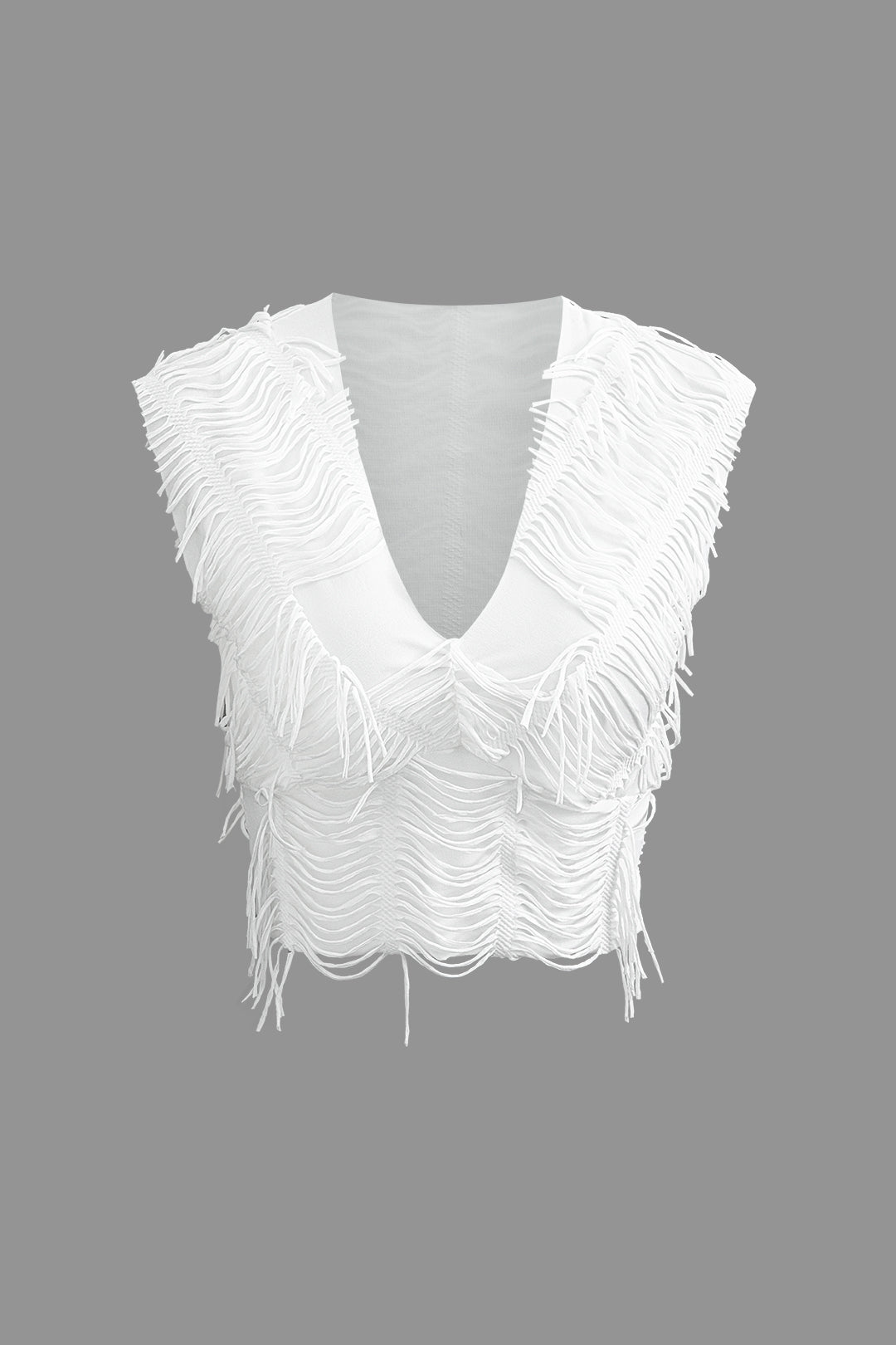 WHITE FRINGED TWO-PIECE OUTFIT HOLIDAY SET WITH STRETCHY FABRIC