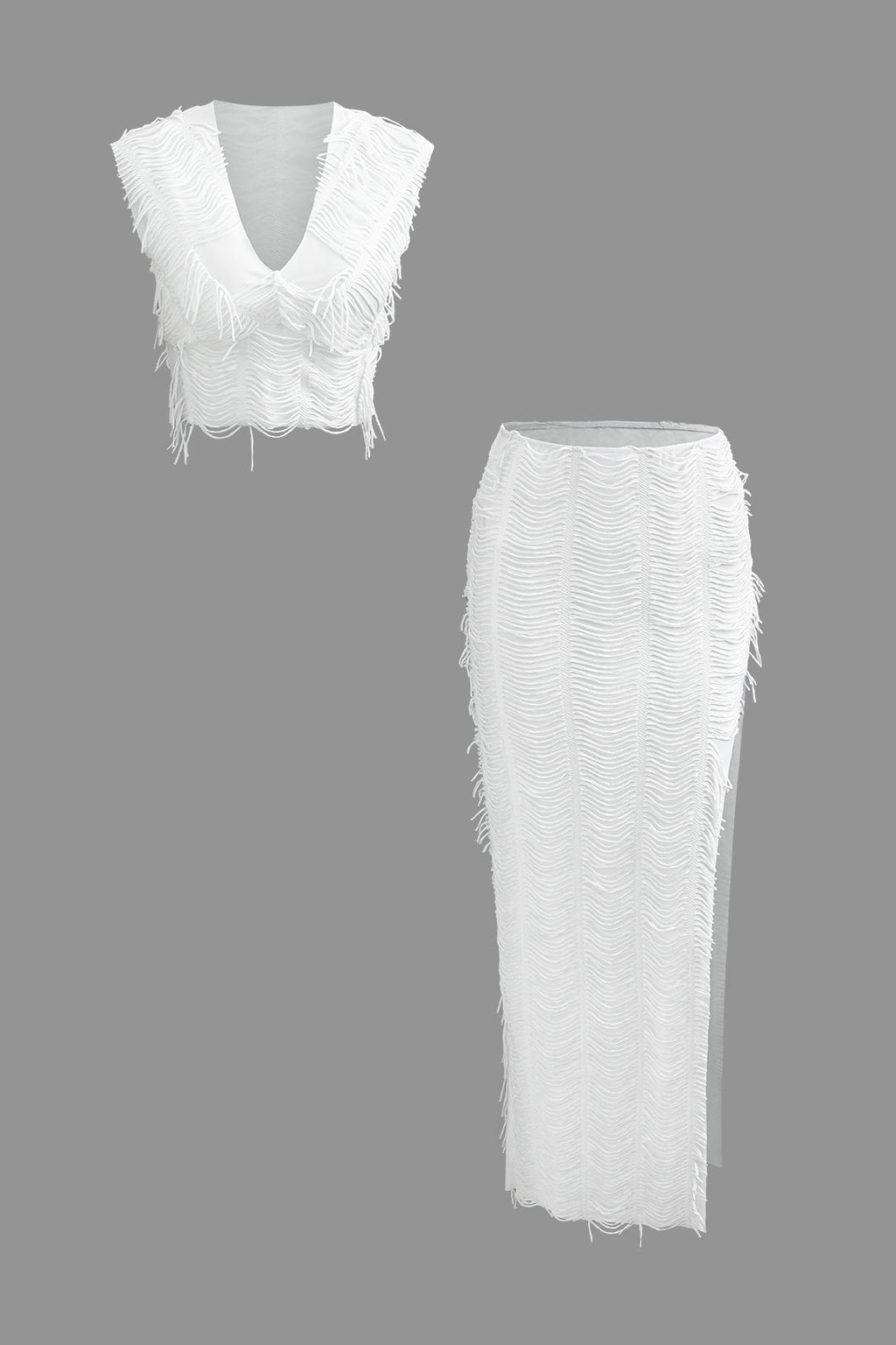 WHITE FRINGED TWO-PIECE OUTFIT HOLIDAY SET WITH STRETCHY FABRIC