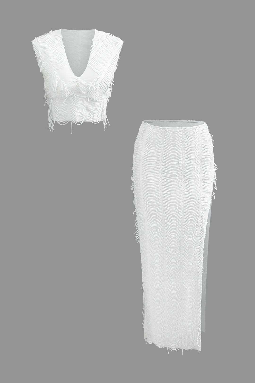 WHITE FRINGED TWO-PIECE OUTFIT HOLIDAY SET WITH STRETCHY FABRIC