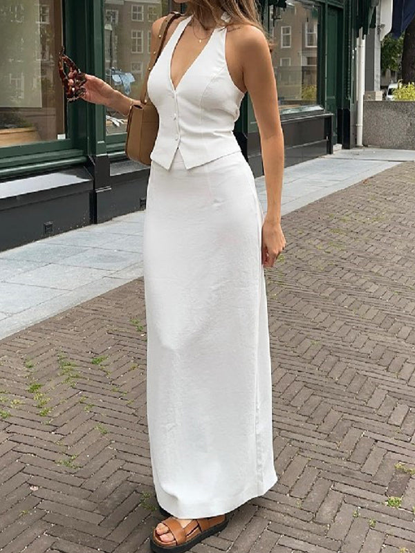 WHITE HALTER VEST AND MAXI SKIRT SET WITH CUTE SPLIT SKIRT DESIGN