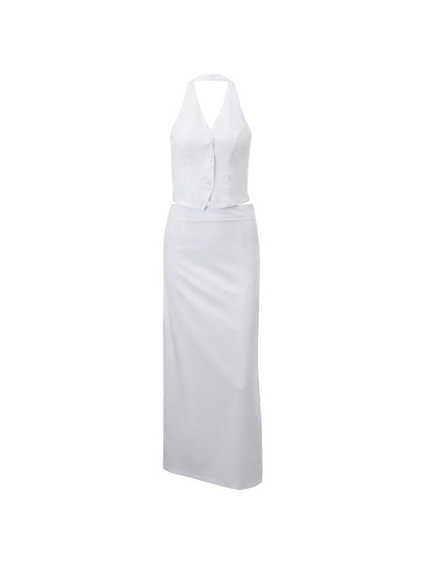 WHITE HALTER VEST AND MAXI SKIRT SET WITH SLIM FIT AND V-NECK DESIGN