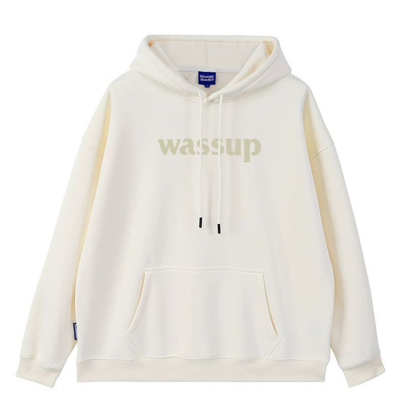 WHITE HOODIE WITH WASSUP TEXT AUS HOCHWERTIGER BAUMWOLLE