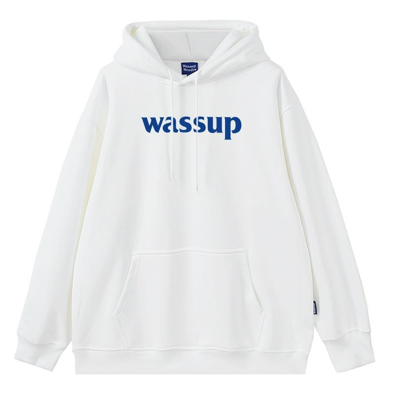 WHITE HOODIE WITH WASSUP TEXT AUS HOCHWERTIGER BAUMWOLLE