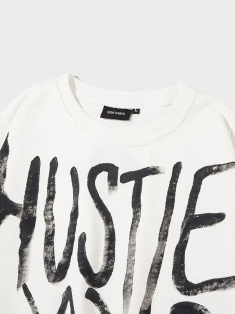 WHITE HUSTLE WORLD PULLOVER SWEATSHIRT WITH GRAPHIC DESIGN