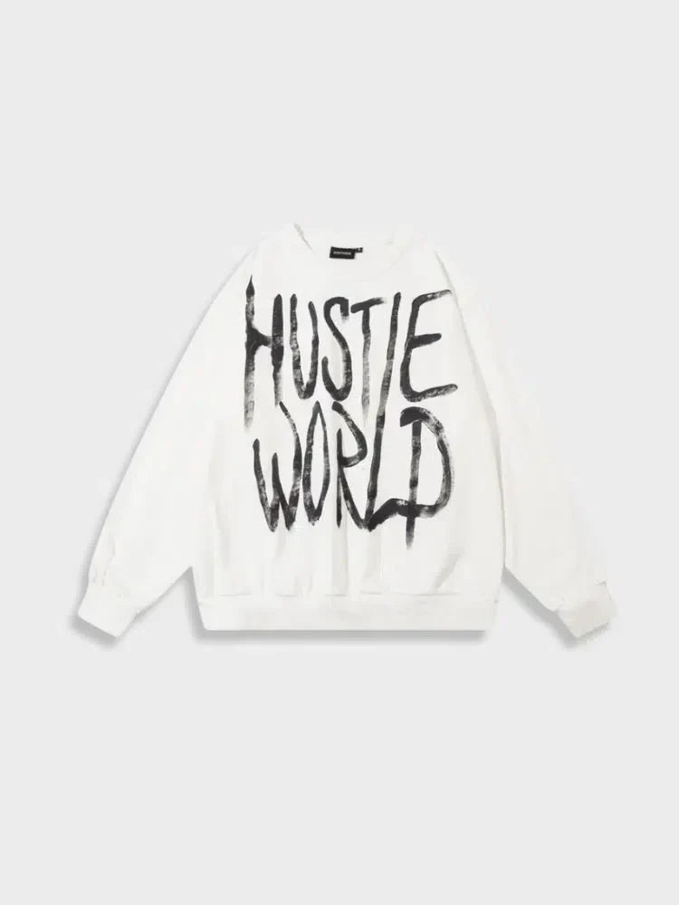 WHITE HUSTLE WORLD PULLOVER SWEATSHIRT WITH GRAPHIC DESIGN