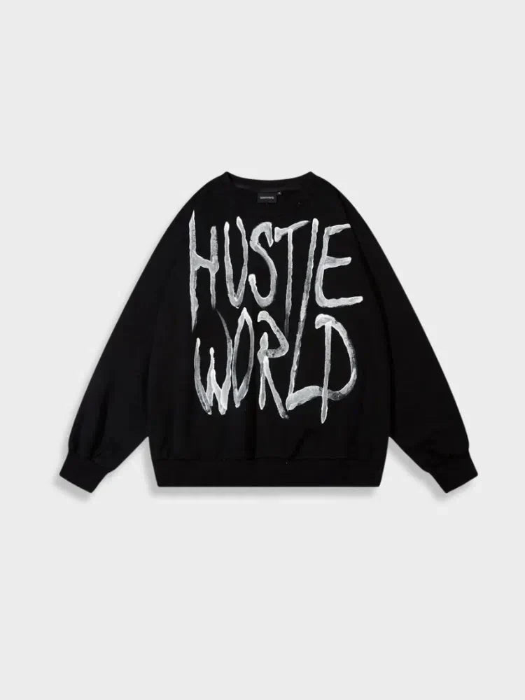 WHITE HUSTLE WORLD PULLOVER SWEATSHIRT WITH GRAPHIC DESIGN