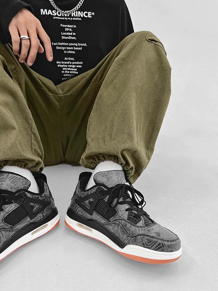 WHITE JORDAN 4 SNEAKERS WITH DOODLE PATTERN CASUAL ROUND TOE RUBBER