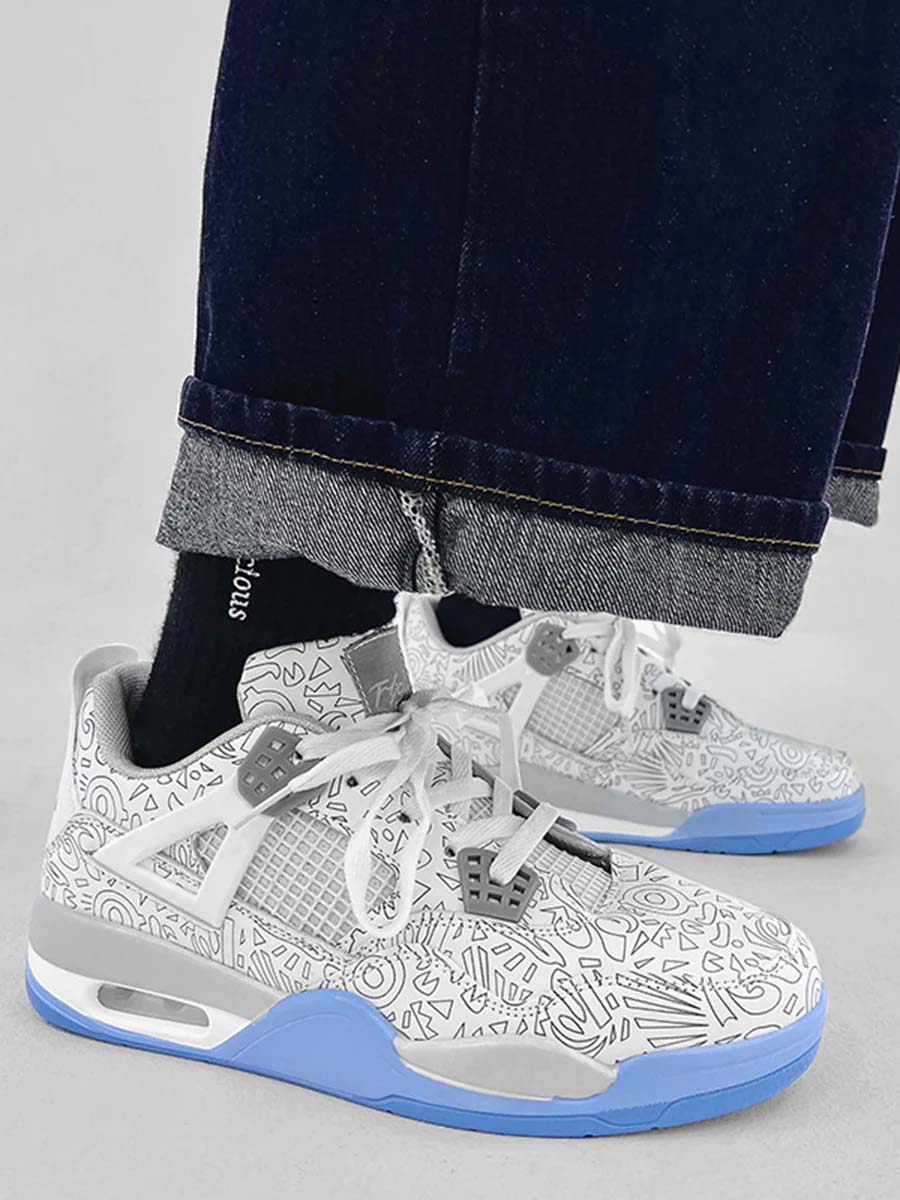 WHITE JORDAN 4 SNEAKERS WITH DOODLE PATTERN CASUAL ROUND TOE RUBBER