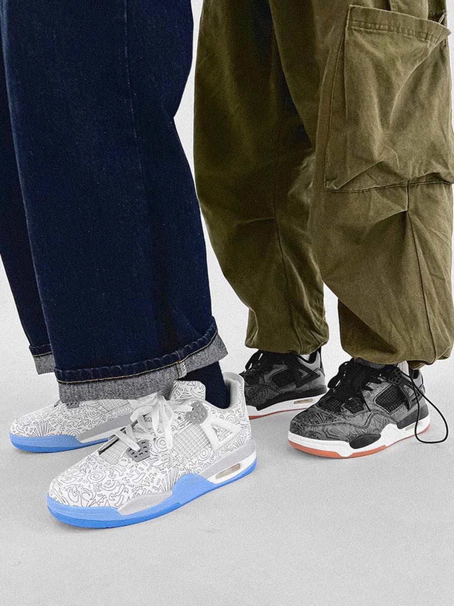 WHITE JORDAN 4 SNEAKERS WITH DOODLE PATTERN CASUAL ROUND TOE RUBBER