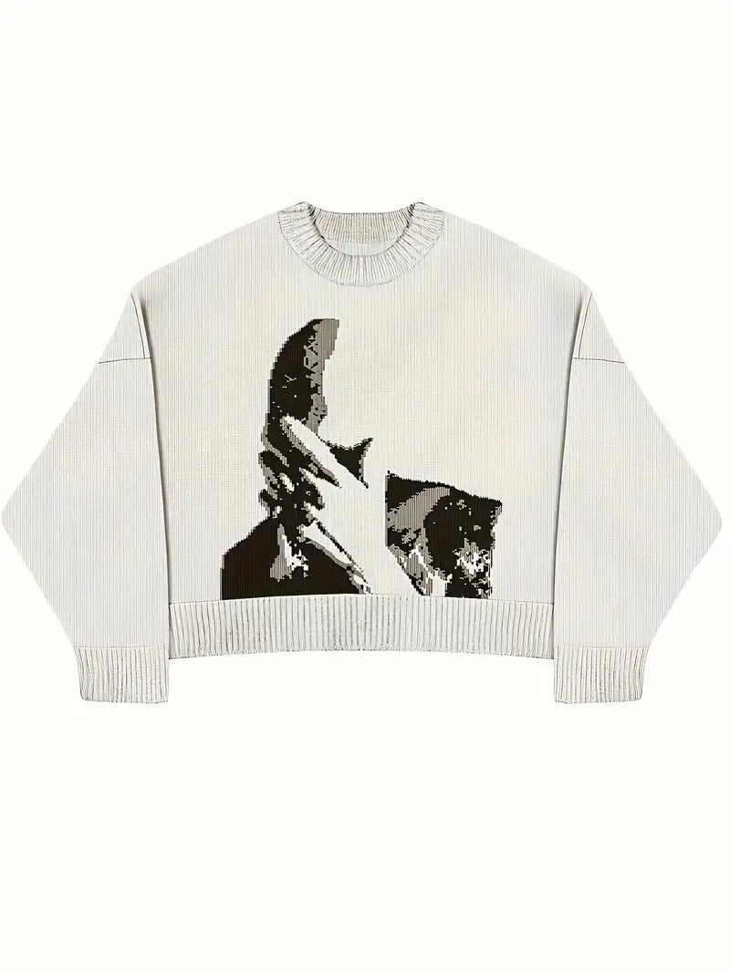 WHITE KNIT SWEATER WITH GRAPHIC - OVERSIZED FIT PREMIUM COTTON