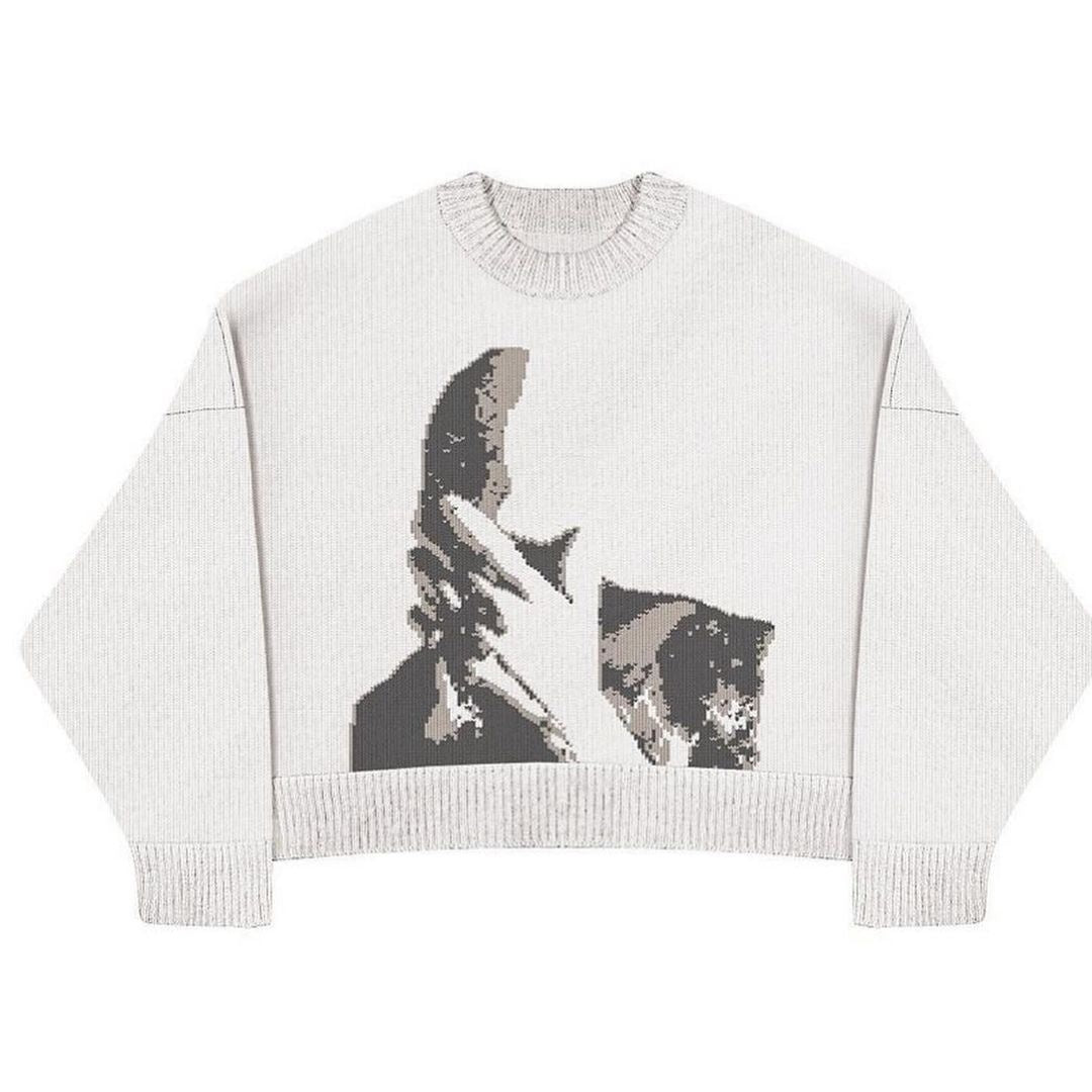 WHITE KNIT SWEATER WITH GRAPHIC - OVERSIZED FIT PREMIUM COTTON