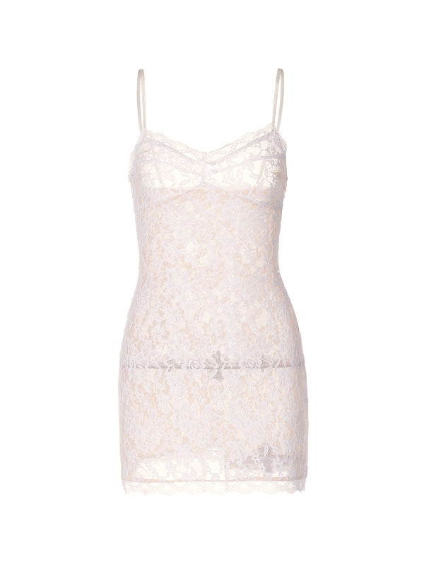 WHITE LACE MINI DRESS WITH SLIM FIT AND ROUND NECKLINE