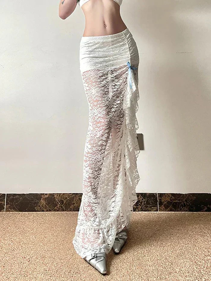 WHITE LACE RUFFLE MAXI SKIRT VINTAGE MIDI SKIRT