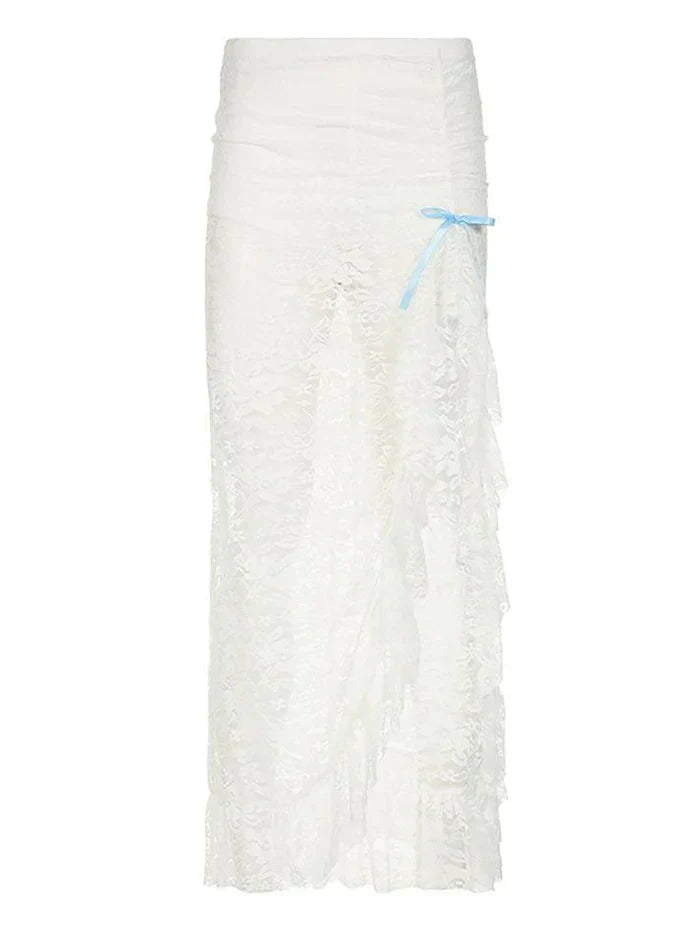 WHITE LACE RUFFLE MAXI SKIRT VINTAGE MIDI SKIRT