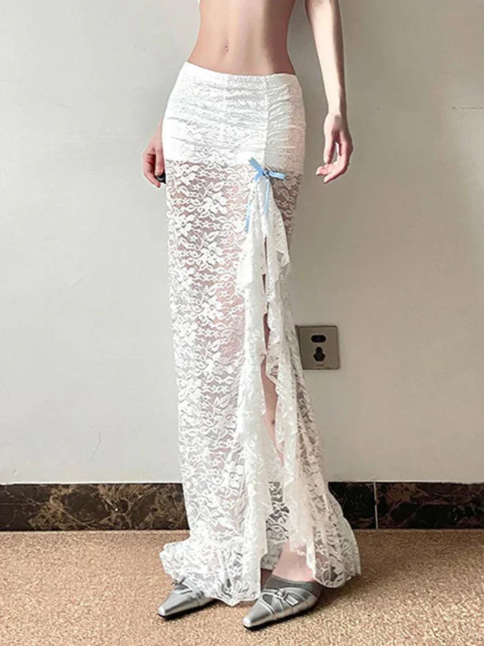 WHITE LACE RUFFLE MAXI SKIRT VINTAGE MIDI SKIRT