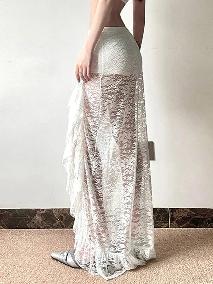 WHITE LACE RUFFLE MAXI SKIRT VINTAGE MIDI SKIRT