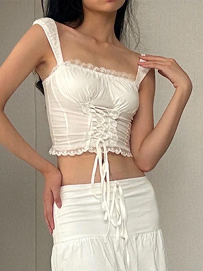 WHITE LACE-TRIMMED CORSET TOP WITH SLIM FIT SQUARE DESIGN Y2K STYLE
