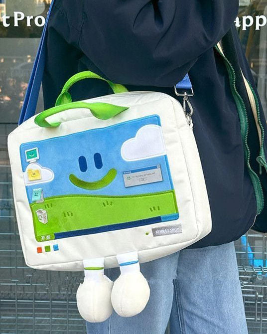 WHITE LAPTOP BAG WITH SCREEN DESIGN FOR COMPUTERS AND TECH ACCESSORIES