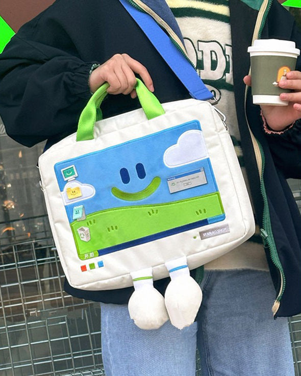 WHITE LAPTOP BAG WITH SCREEN DESIGN FOR COMPUTERS AND TECH ACCESSORIES