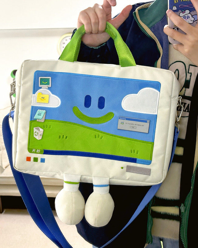 WHITE LAPTOP BAG WITH SCREEN DESIGN FOR COMPUTERS AND TECH ACCESSORIES