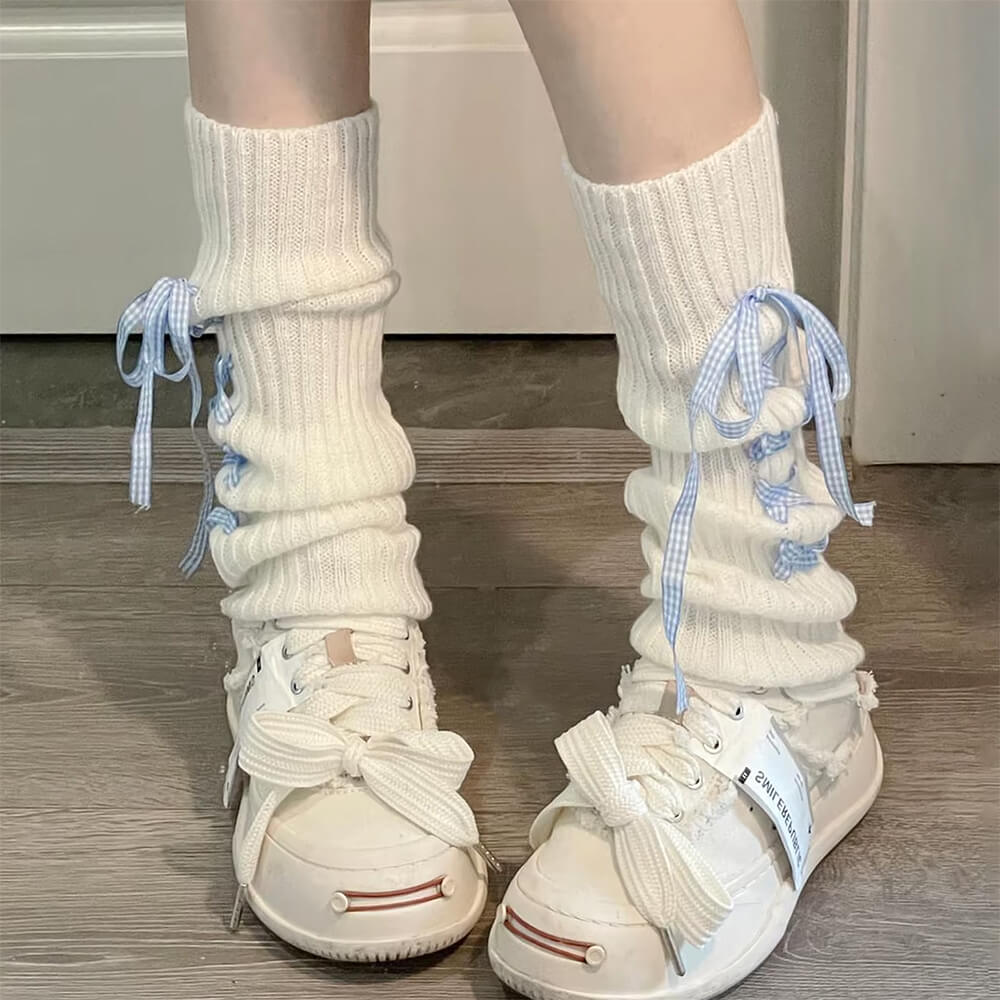 WHITE LEG WARMERS BLUE RIBBON BALLETCORE RIBBON LEG