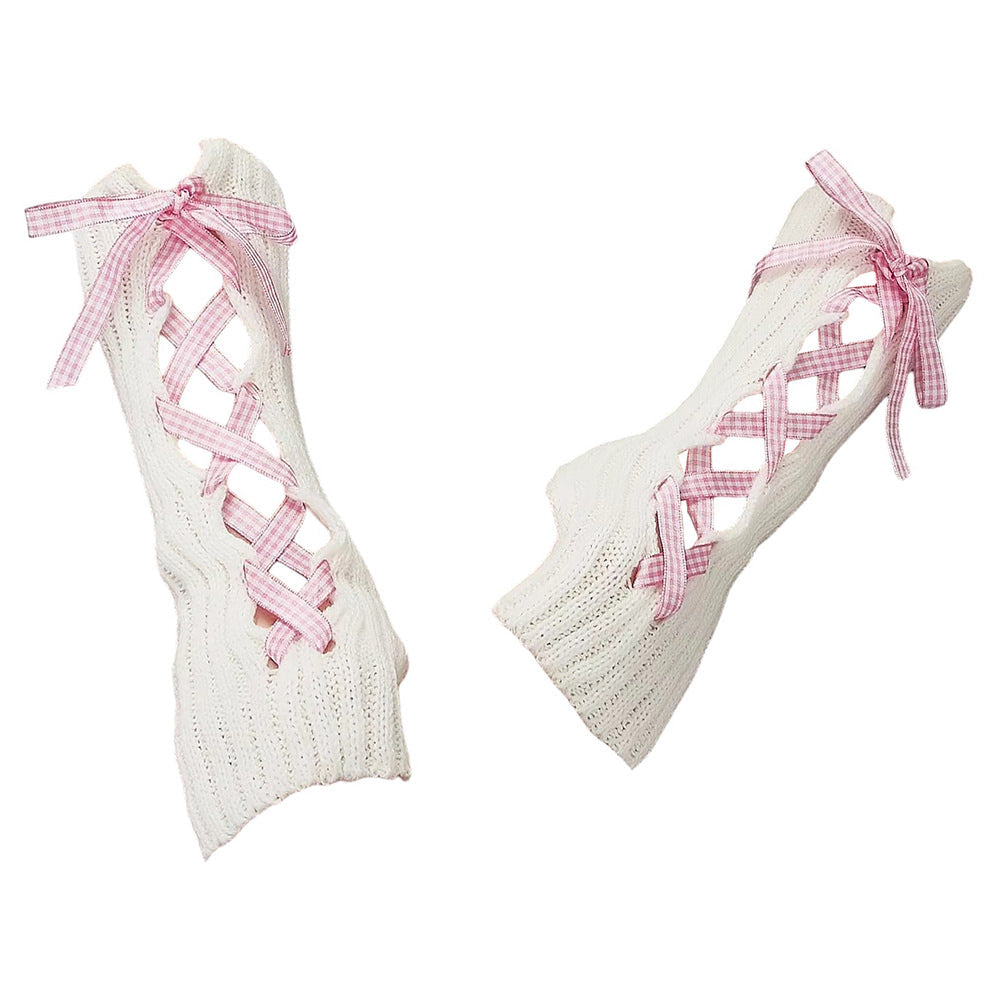 WHITE LEG WARMERS WITH PINK RIBBON COQUETTE RIBBON
