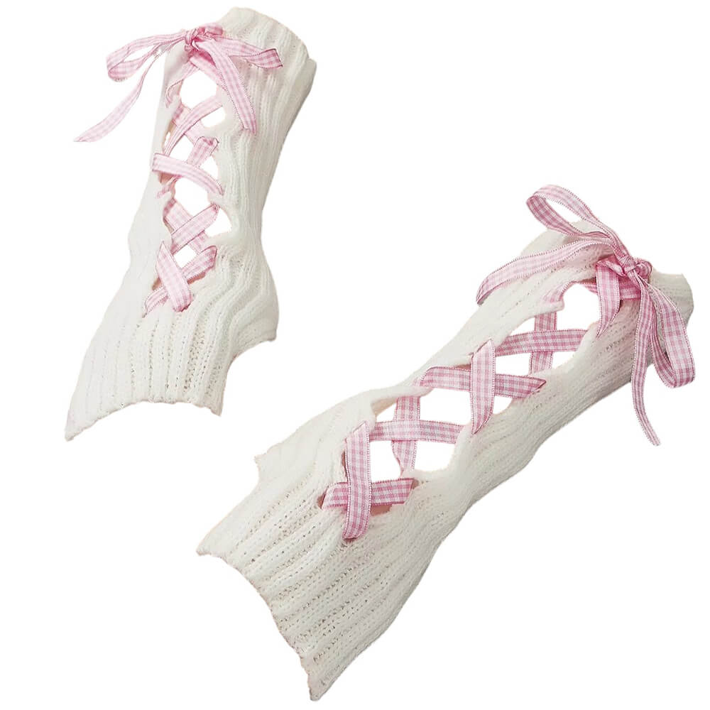WHITE LEG WARMERS WITH PINK RIBBON COQUETTE RIBBON