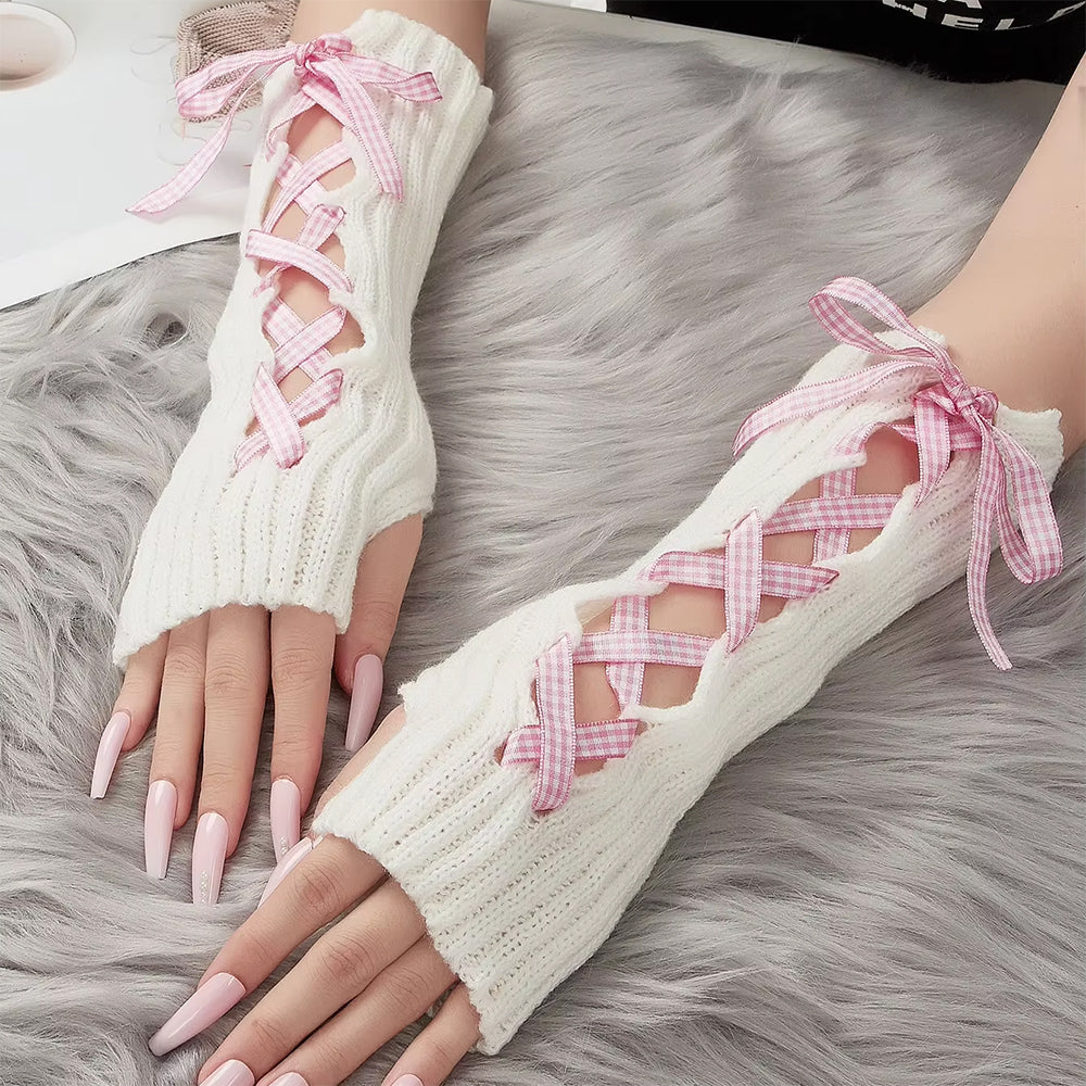 WHITE LEG WARMERS WITH PINK RIBBON COQUETTE RIBBON