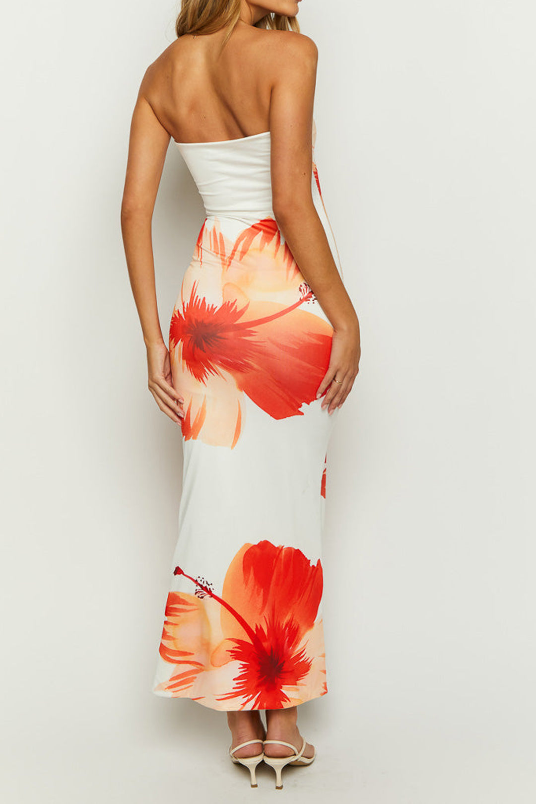 WHITE MAXI DRESS WITH HIBISCUS PRINT - FLORAL CASCADE STRAPLESS