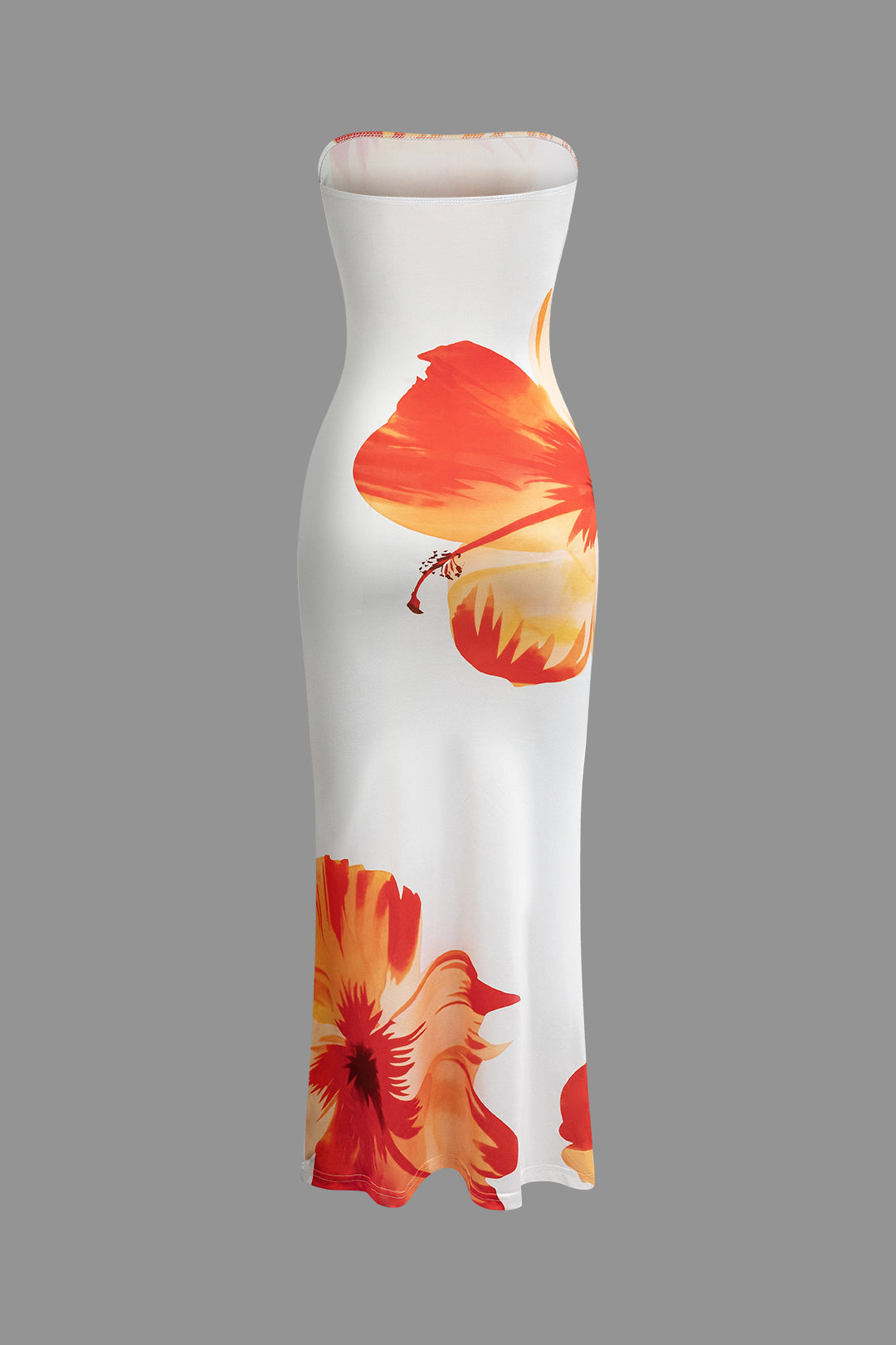 WHITE MAXI DRESS WITH HIBISCUS PRINT - FLORAL CASCADE STRAPLESS