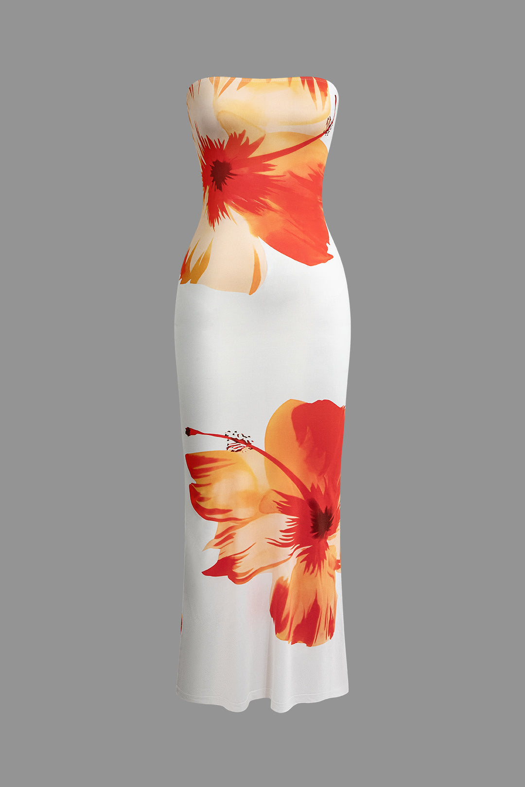 WHITE MAXI DRESS WITH HIBISCUS PRINT - FLORAL CASCADE STRAPLESS