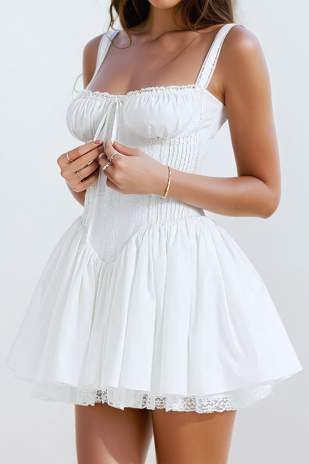 WHITE MINI DRESS WITH LACE TRIM COMFORTABLE CASUAL DRESS