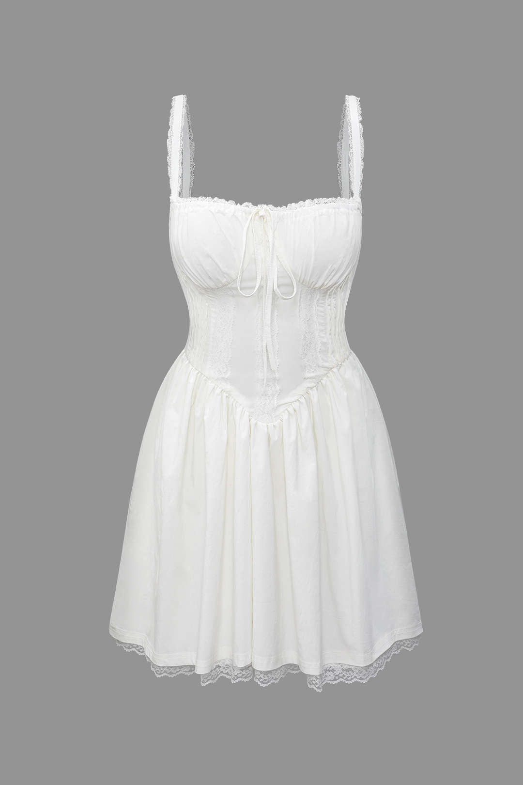 WHITE MINI DRESS WITH LACE TRIM COMFORTABLE CASUAL DRESS