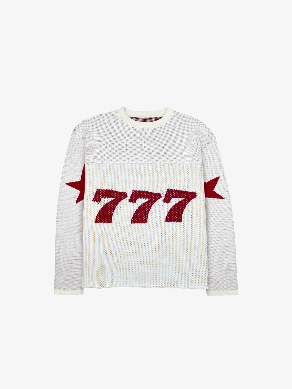 WHITE OVERSIZED KNIT SWEATER WITH RED STARS AND NUMBER 777