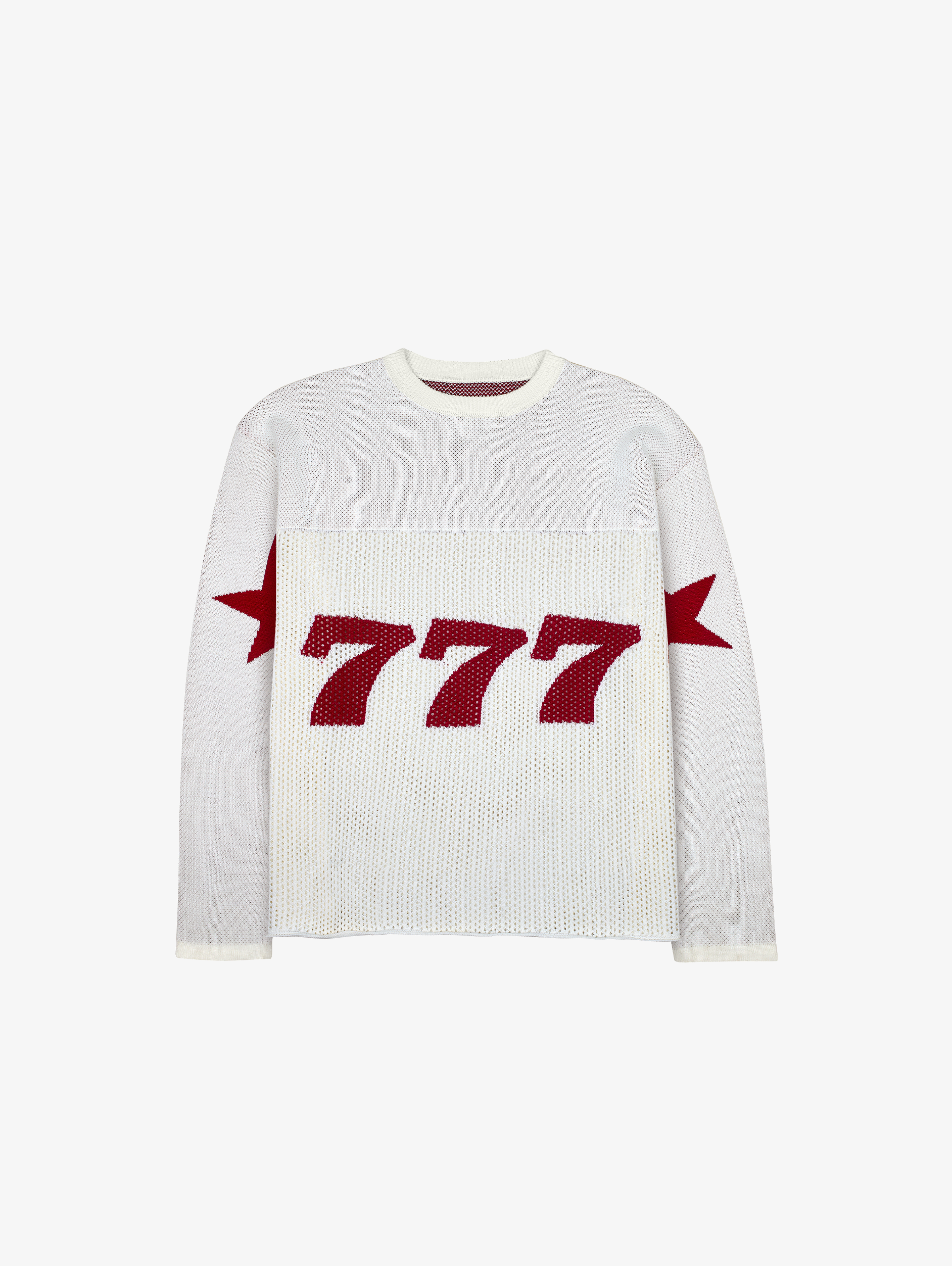 WHITE OVERSIZED KNIT SWEATER WITH RED STARS AND NUMBER 777