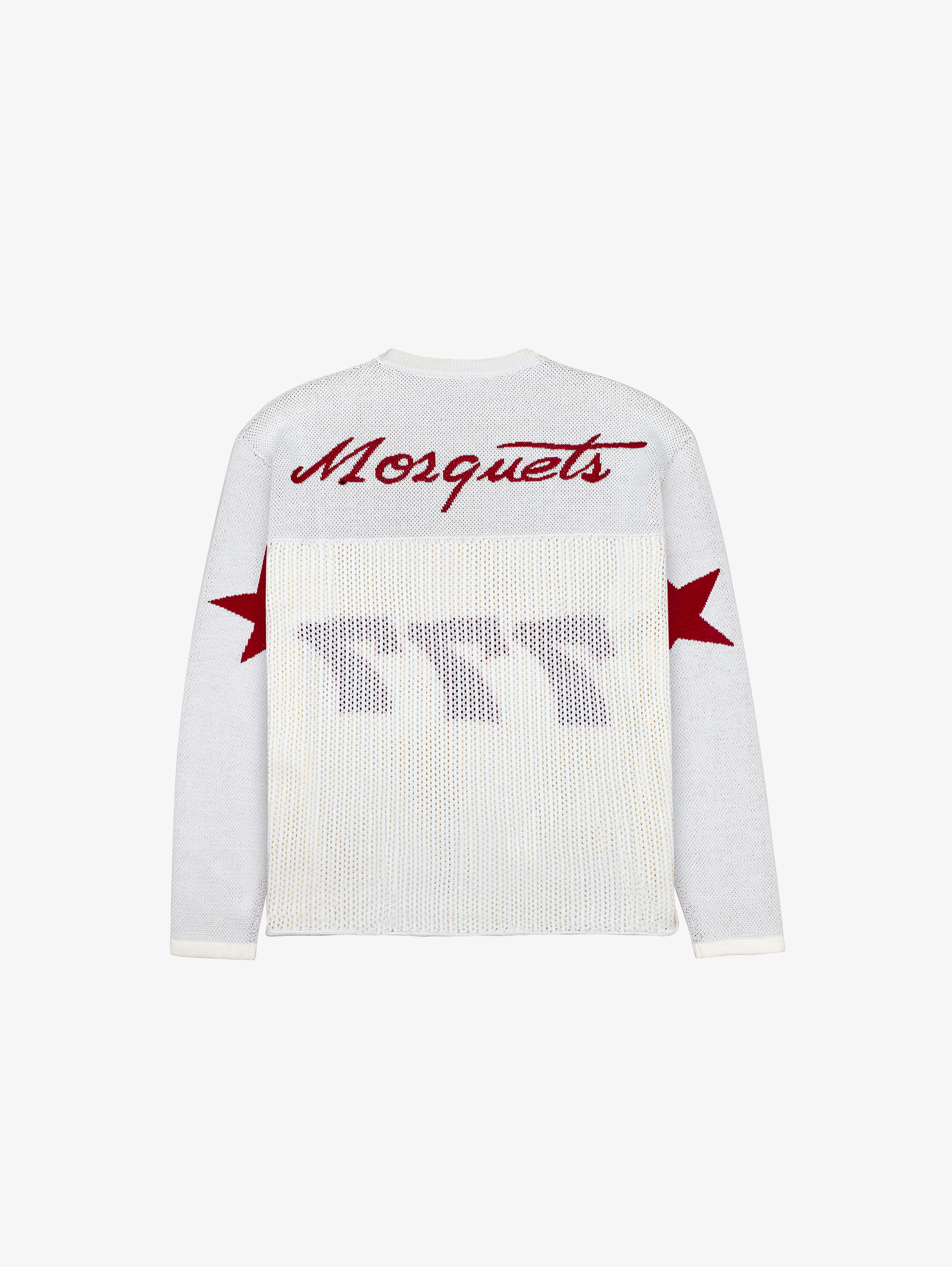 WHITE OVERSIZED KNIT SWEATER WITH RED STARS AND NUMBER 777