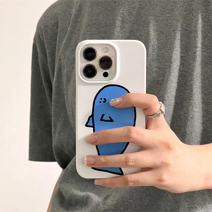 WHITE PHONE CASE FEATURING BLUE CARTOON FISH AND BLUE WHALE DESIGN
