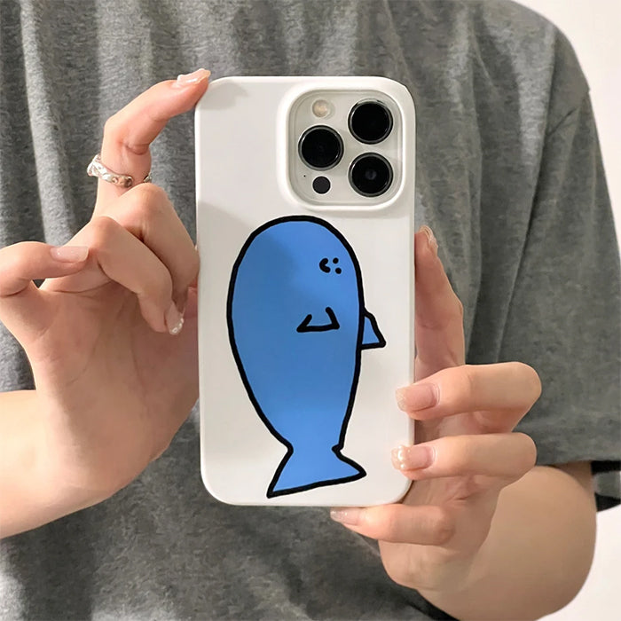 WHITE PHONE CASE FEATURING BLUE CARTOON FISH AND BLUE WHALE DESIGN