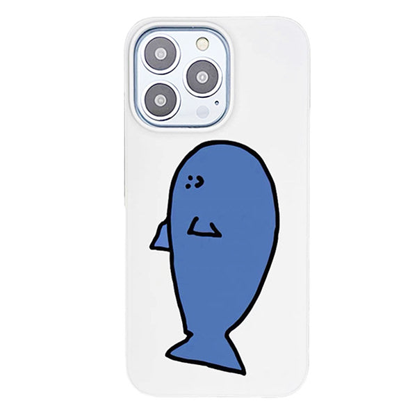 WHITE PHONE CASE FEATURING BLUE CARTOON FISH AND BLUE WHALE DESIGN